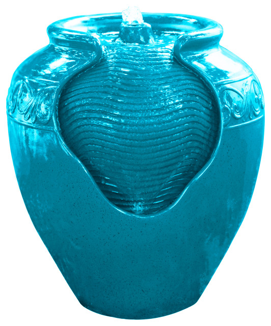Glazed Pot Floor Fountain, LED Lights, Teal