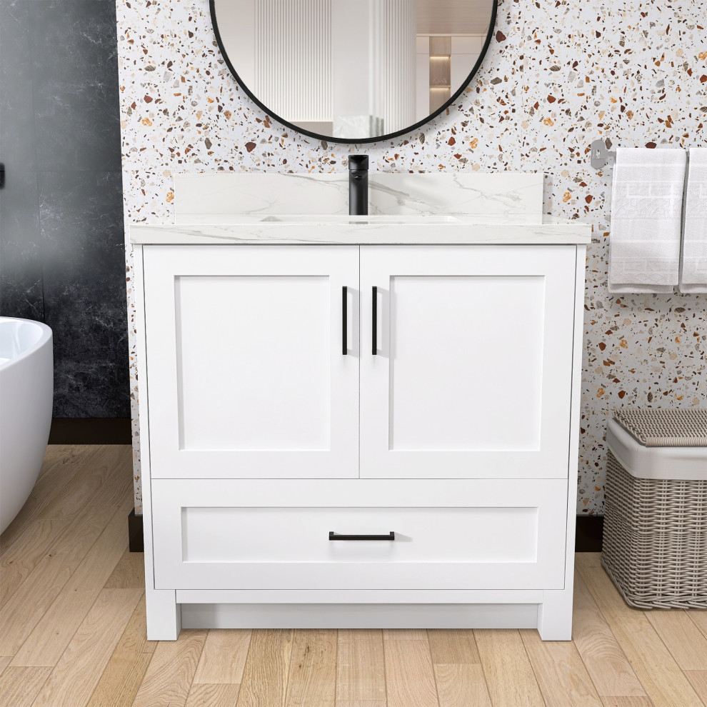 36'' Free Standing White Bathroom Vanity with Carrara Marble Top
