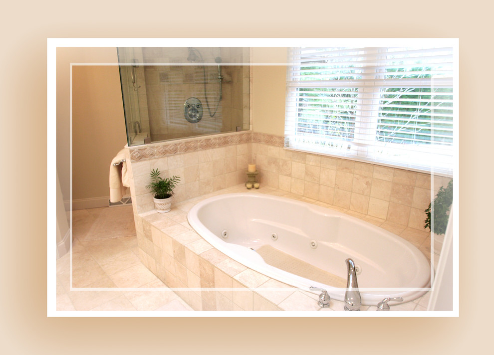 Large transitional master ceramic tile corner shower photo with an undermount sink, granite countertops, a hot tub and beige walls