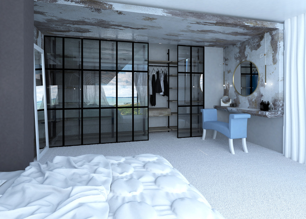 Inspiration for a large modern master bedroom in Dorset with beige walls, carpet, no fireplace and white floor.