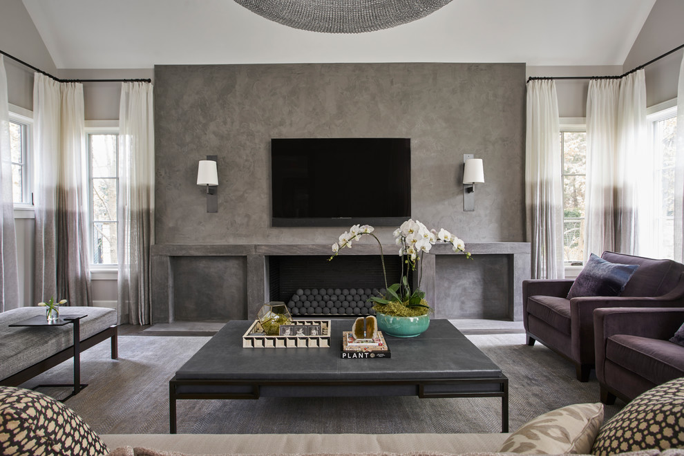 Design ideas for a transitional family room in Chicago with grey walls, a ribbon fireplace and a wall-mounted tv.
