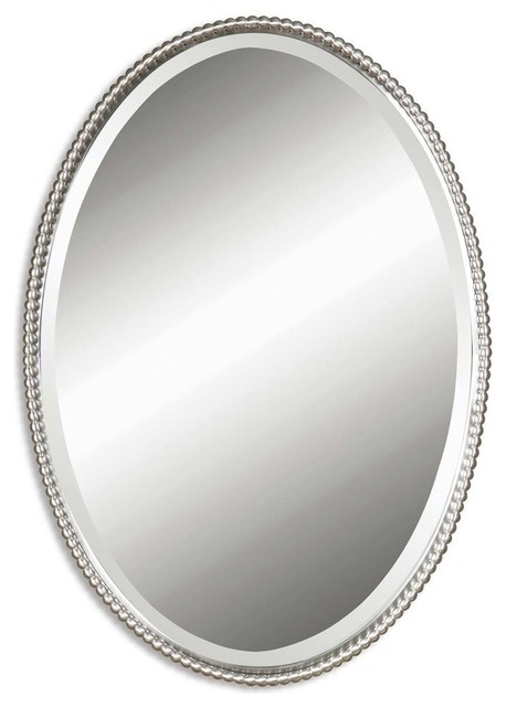 Sherise Oval Beveled Mirror With Beaded Frame Contemporary Wall Beaded Oval Vanity Wall Mirror Thin Nickel Metal Frame