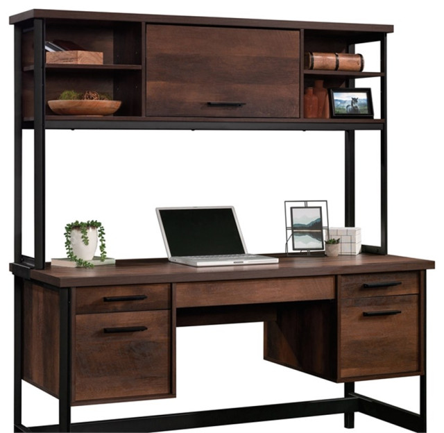 UrbanPro Barrel Oak Finish Hutch – Engineered Wood & Metal Storage With Barrister Door, 36.8"H X 60"W