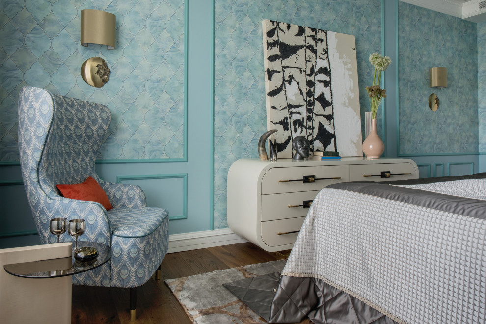 Example of a mid-sized transitional guest medium tone wood floor, brown floor and wallpaper bedroom design in Moscow with blue walls