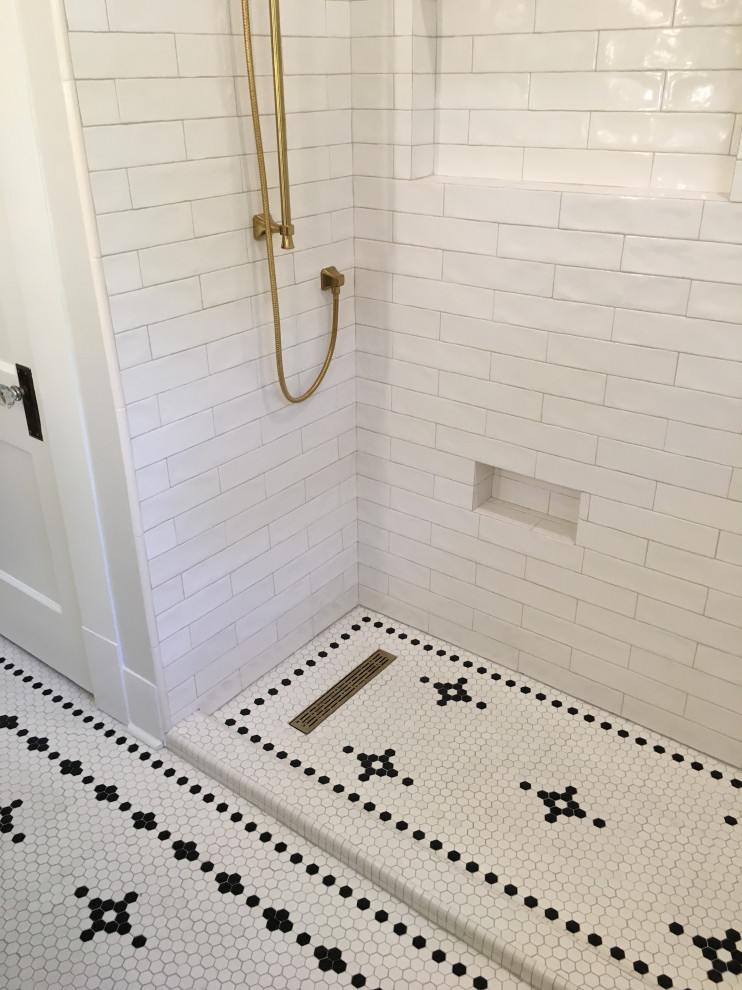 Small traditional 3/4 bathroom in Austin with black cabinets, an alcove shower, a bidet, white tile, ceramic tile, white walls, ceramic floors, white benchtops, a single vanity and a freestanding vanity.