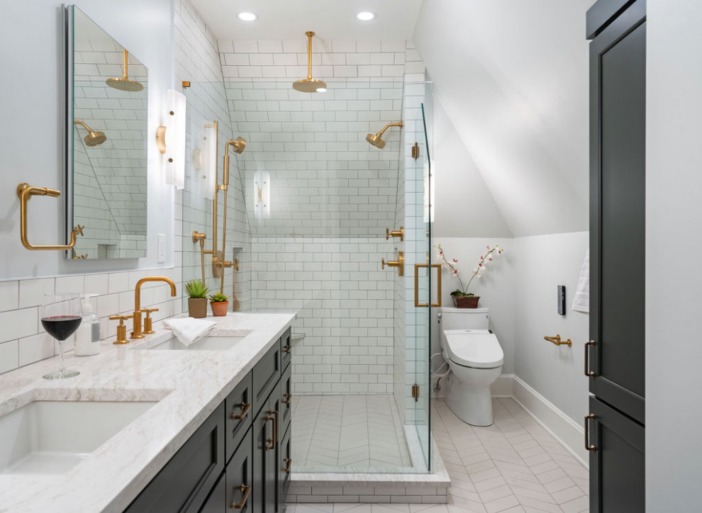 Design ideas for a mid-sized transitional master bathroom in Columbus with shaker cabinets, black cabinets, a double shower, a one-piece toilet, white tile, ceramic tile, white walls, ceramic floors, an undermount sink, engineered quartz benchtops, white floor, a hinged shower door, white benchtops, a double vanity and a built-in vanity.
