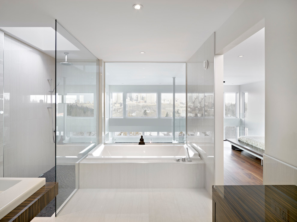 Design ideas for a contemporary bathroom in Edmonton with a curbless shower.