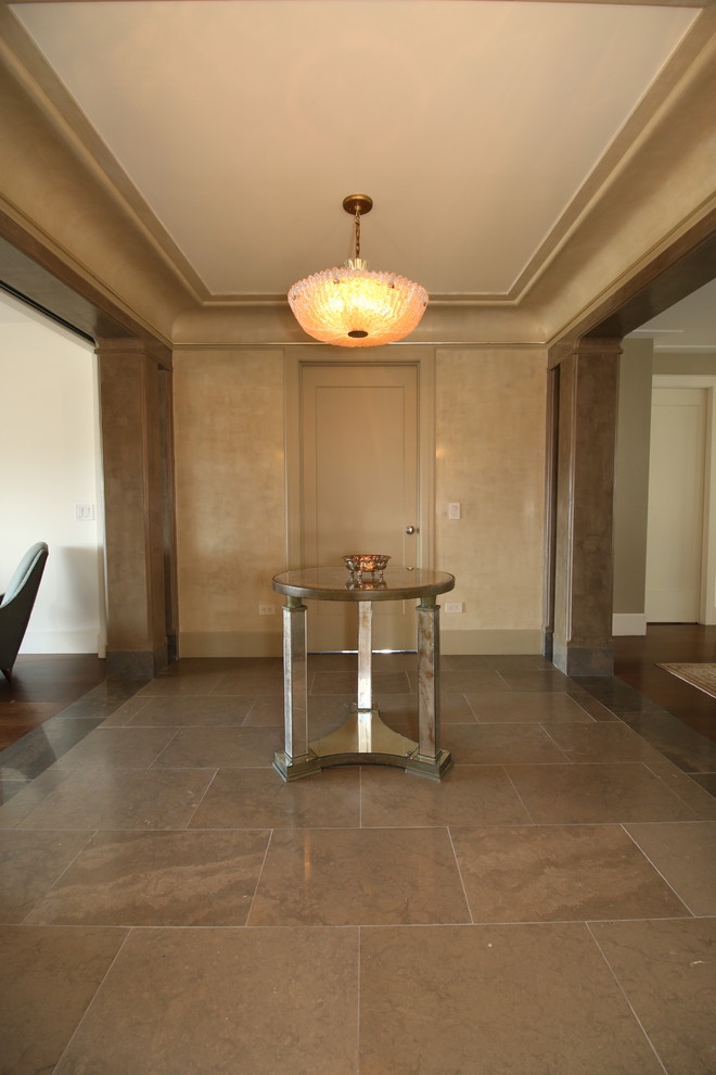 Design ideas for a large contemporary foyer in Philadelphia with limestone floors and grey floor.