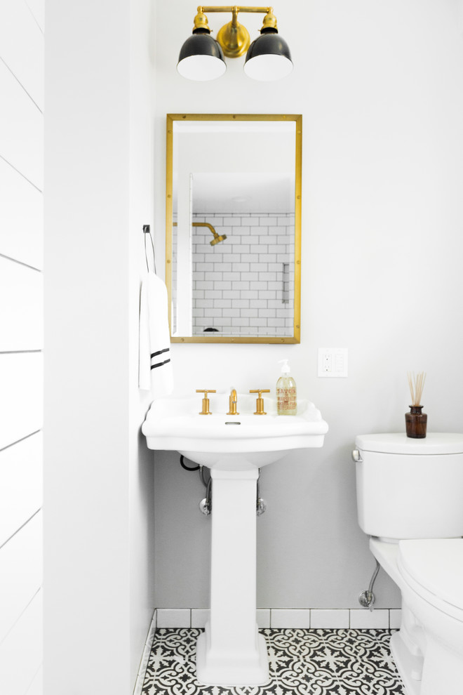 Inspiration for a mid-sized modern 3/4 bathroom in Seattle with an alcove shower, a two-piece toilet, white tile, subway tile, grey walls, cement tiles, a pedestal sink, multi-coloured floor and an open shower.