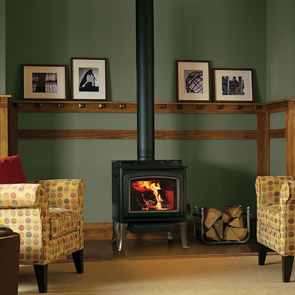 Example of a classic living room design in Orange County with a wood stove