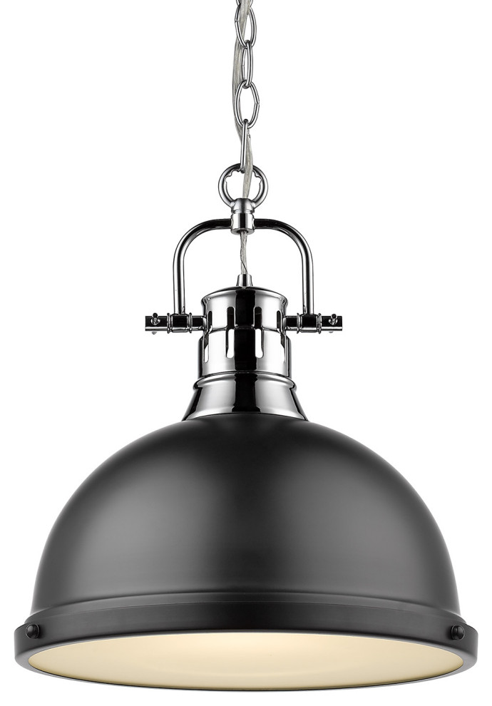 Duncan 1 Light Pendant, Chain, Chrome With A Matte Black Shade