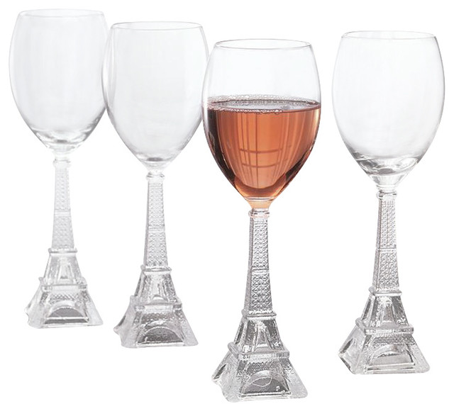 Vintage Eiffel Tower White Wine Glasses Set of 4