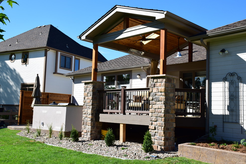 Outdoor kitchen deck - mid-sized transitional backyard outdoor kitchen deck idea in Denver with a roof extension