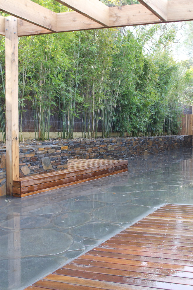 Inspiration for a mid-sized traditional backyard shaded garden in Melbourne with a retaining wall and natural stone pavers.
