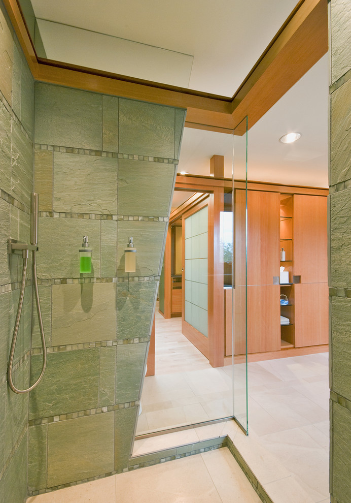 Inspiration for a contemporary bathroom in Portland with an open shower, an open shower and slate.