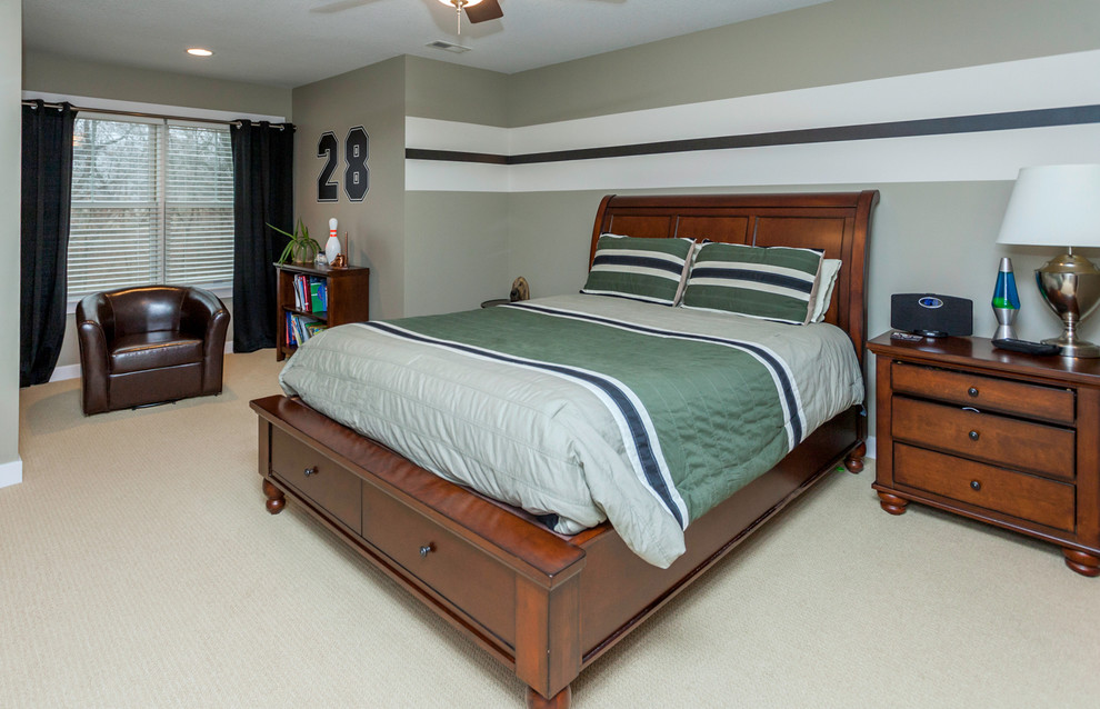 This is an example of a mid-sized arts and crafts guest bedroom in Other with grey walls and carpet.