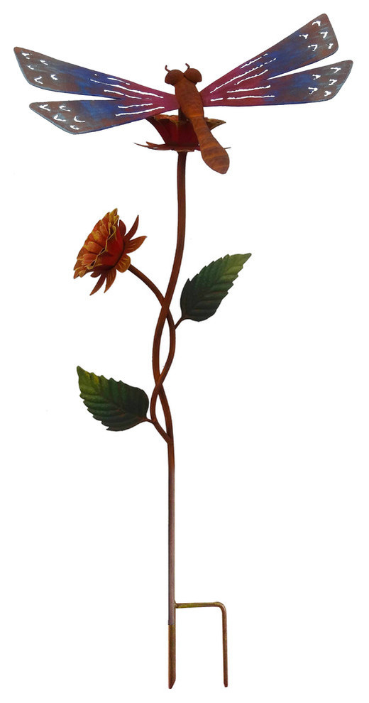 Rustic Metal Dragonfly Garden Stake Contemporary Garden Statues And