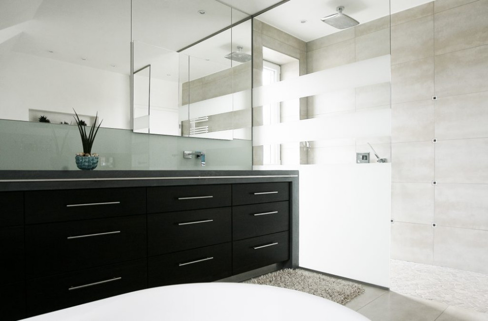 Large contemporary master bathroom in Other with beaded inset cabinets, black cabinets, gray tile, grey walls, concrete floors, an integrated sink, concrete benchtops, grey floor, grey benchtops, a double vanity and a built-in vanity.