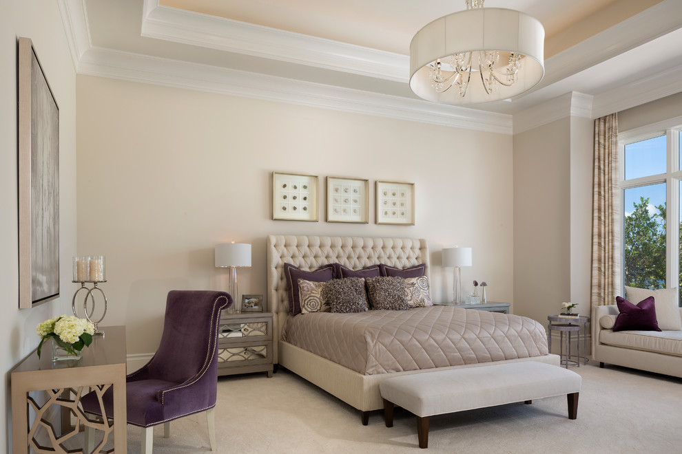 Inspiration for a large contemporary master bedroom in Miami with beige walls, carpet and beige floor.