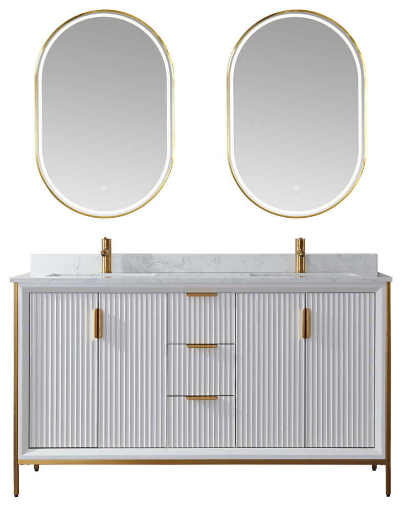 Granada Vanity With White Composite Stone Top, White, 60", With Mirror