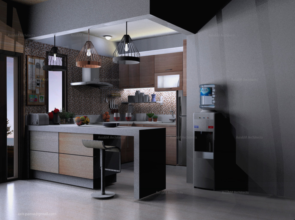 Example of a small minimalist u-shaped ceramic tile kitchen pantry design with a double-bowl sink, flat-panel cabinets, medium tone wood cabinets, granite countertops, multicolored backsplash, mosaic tile backsplash, paneled appliances and an island