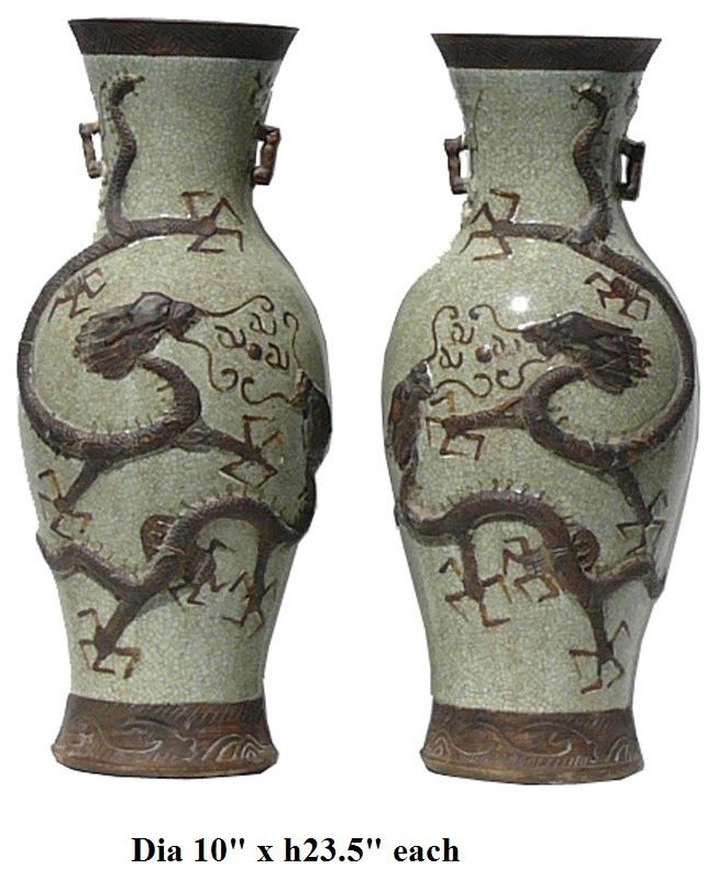 Pair Chinese Crackle Porcelain Double Dragons Vases