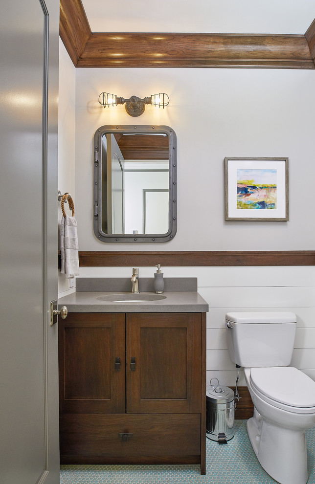 Photo of a beach style powder room in Grand Rapids with shaker cabinets, grey cabinets, brown tile, ceramic tile and quartzite benchtops.