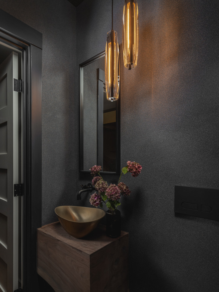Bathroom - small rustic medium tone wood floor and single-sink bathroom idea with wood countertops and a floating vanity