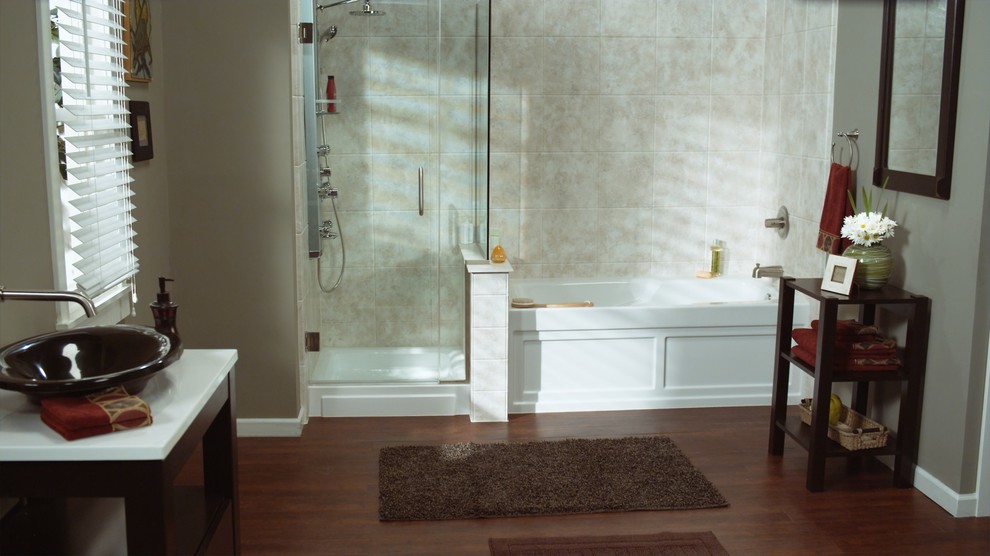 Inspiration for a mid-sized traditional master bathroom in Austin with a pedestal sink, open cabinets, dark wood cabinets, solid surface benchtops, an alcove tub, an open shower, a one-piece toilet, white tile, white walls and linoleum floors.