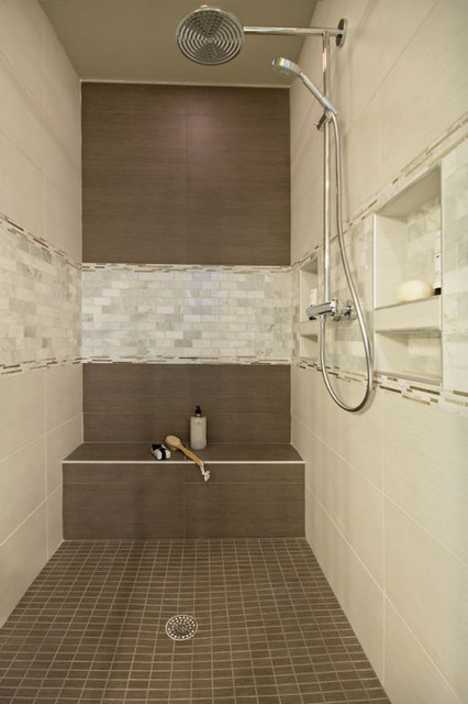  Brown  and cream tile  shower  with Mother of Pearl accent 