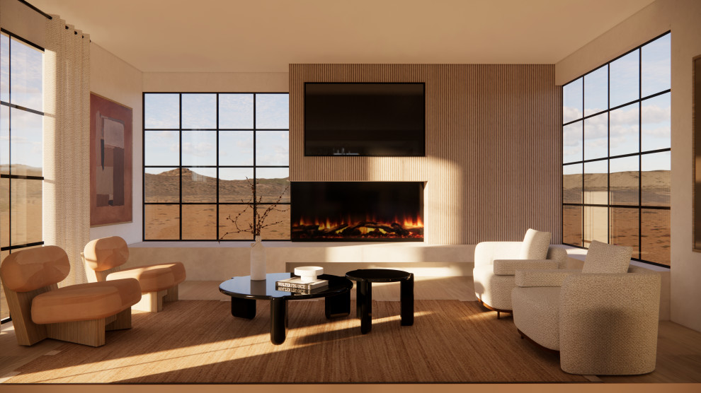 Photo of a medium sized retro formal open plan living room with white walls, light hardwood flooring, a corner fireplace, a wooden fireplace surround, a wall mounted tv, a wood ceiling and wood walls.