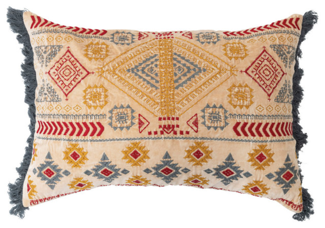 Cotton Velvet Embroidered Lumbar Pillow With Chambray Back and Fringe