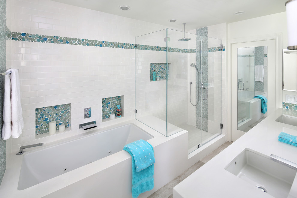 Photo of a large contemporary kids bathroom in San Diego with an undermount sink, engineered quartz benchtops, an undermount tub, white tile, subway tile, white walls, porcelain floors, a corner shower and a hinged shower door.
