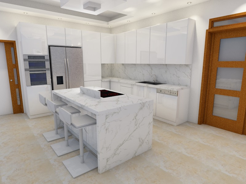 Eat-in kitchen - mid-sized modern l-shaped porcelain tile, beige floor and tray ceiling eat-in kitchen idea in Miami with a single-bowl sink, flat-panel cabinets, white cabinets, quartzite countertops, white backsplash, stone slab backsplash, stainless steel appliances, an island and white countertops