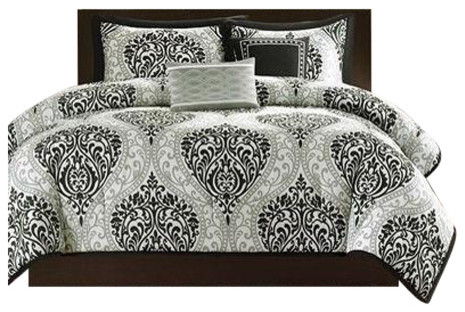 Full Queen 5 Piece Black White Damask Print Comforter Set