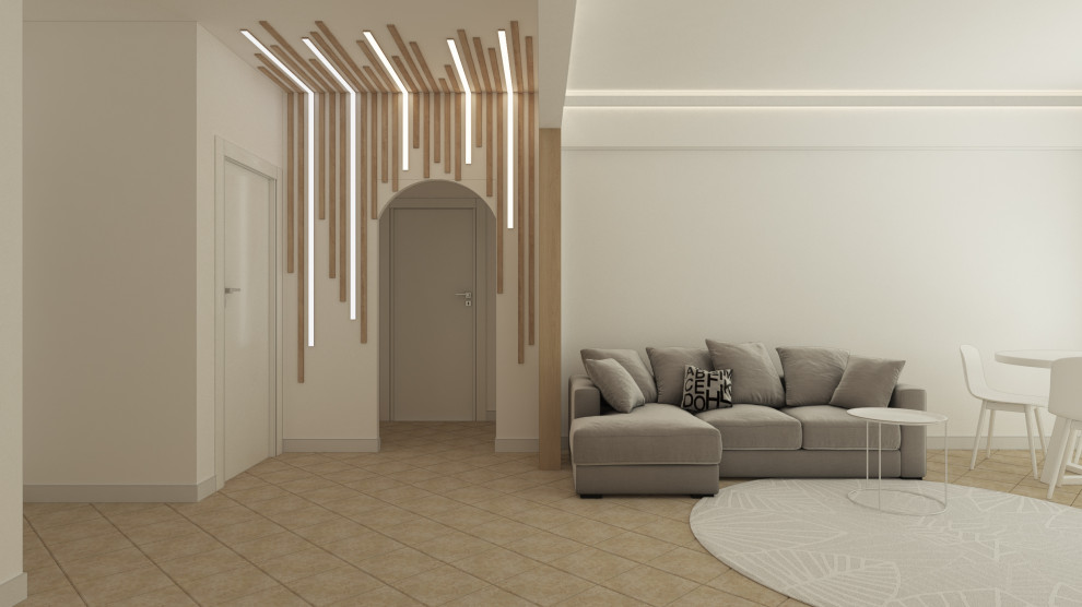 Large mediterranean open concept family room in Rome with white walls, ceramic floors and beige floor.