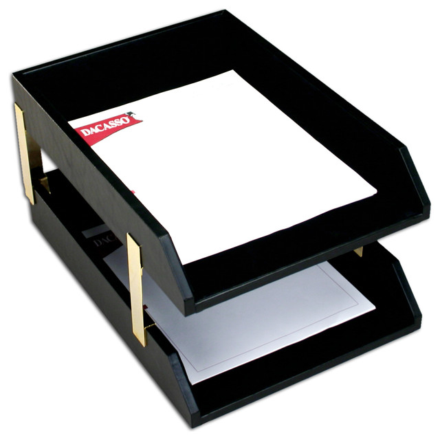 Leather Double Legal Trays Classic Black With Gold Posts
