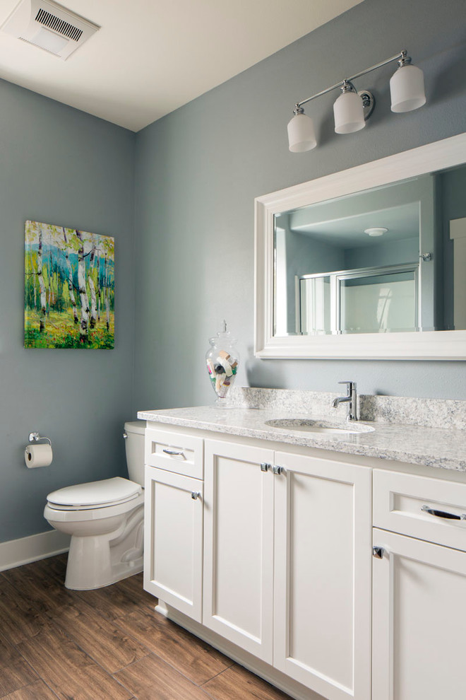 Design ideas for a mid-sized traditional 3/4 bathroom in Milwaukee with shaker cabinets, white cabinets, a corner shower, a one-piece toilet, blue walls, medium hardwood floors, an undermount sink and granite benchtops.