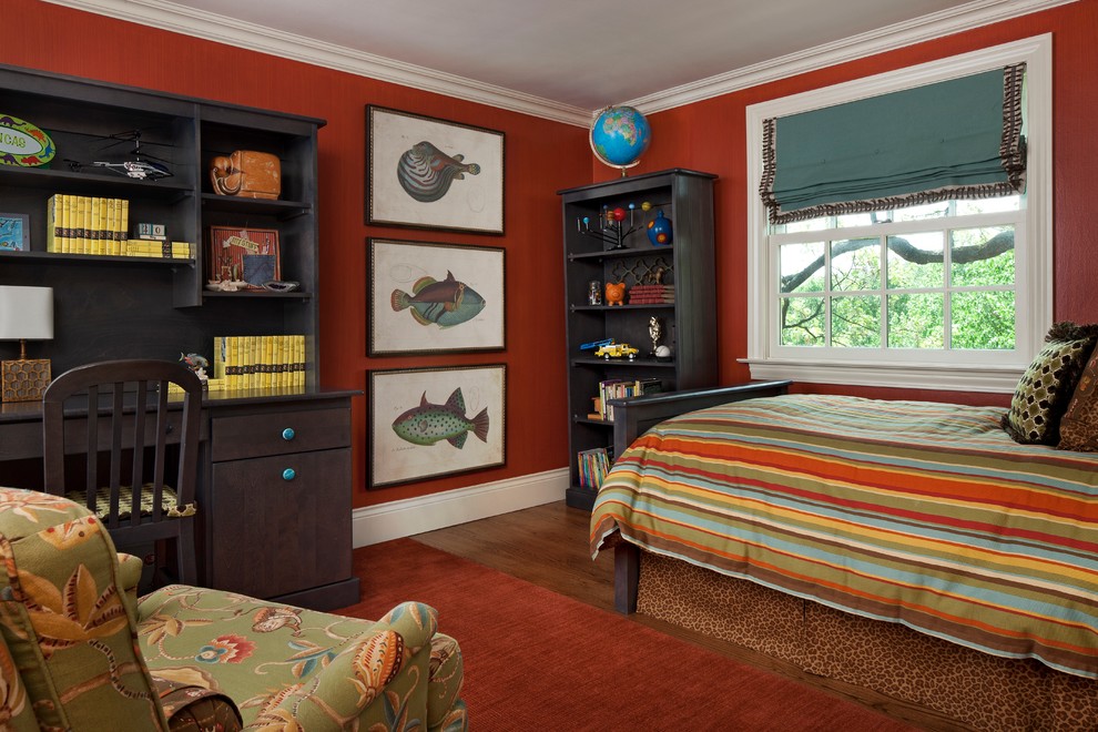 This is an example of a traditional kids' room for boys in Detroit with red walls.