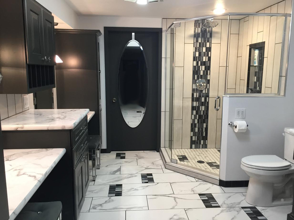 Large contemporary 3/4 bathroom in Other with raised-panel cabinets, grey cabinets, a corner shower, grey walls, porcelain floors, an undermount sink, laminate benchtops, multi-coloured floor and a hinged shower door.