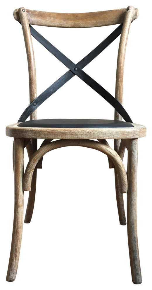 Set of 2 Rustic Dining Chair, Black Faux Leather Seat With XShaped