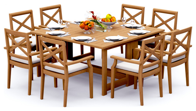 9-Piece Outdoor Teak Set: 60" Square Butterfly Table, 8 Grand Stacking Arm Chair