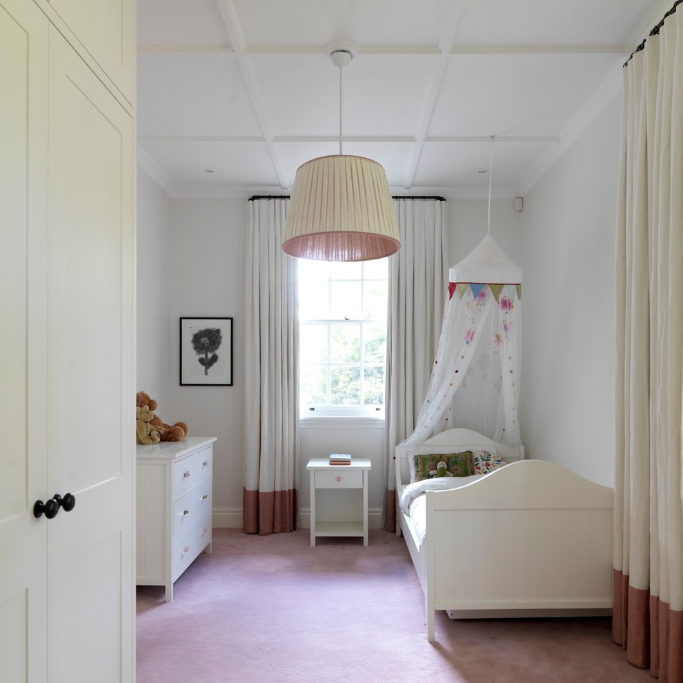 Mid-sized transitional kids' bedroom in Sydney with white walls and carpet for girls.