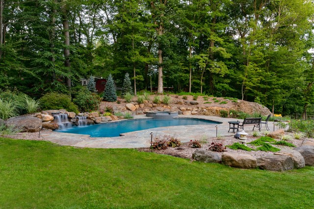 Pool, Spa and Outdoor Shower with Stamped Concrete Deck rustic-swimming-pool-and-hot-tub