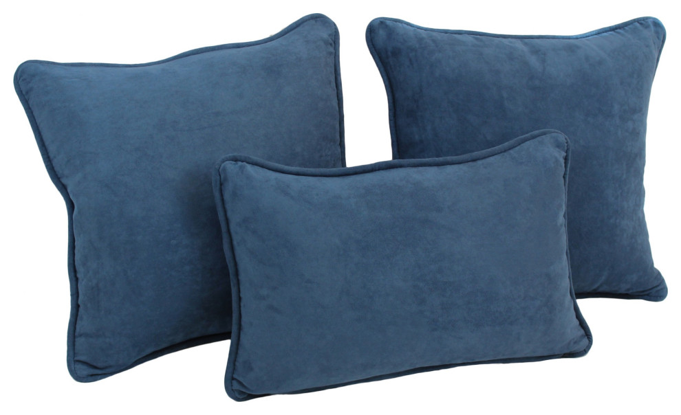 Double-Corded Solid Microsuede Throw Pillows With Inserts, Set of 3, Indigo