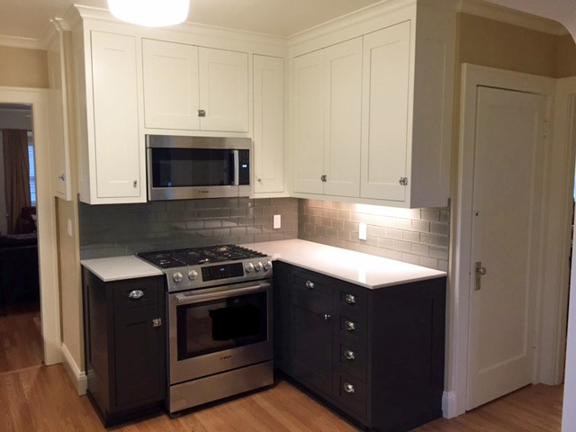 Small period kitchen with inset painted grey cabinets