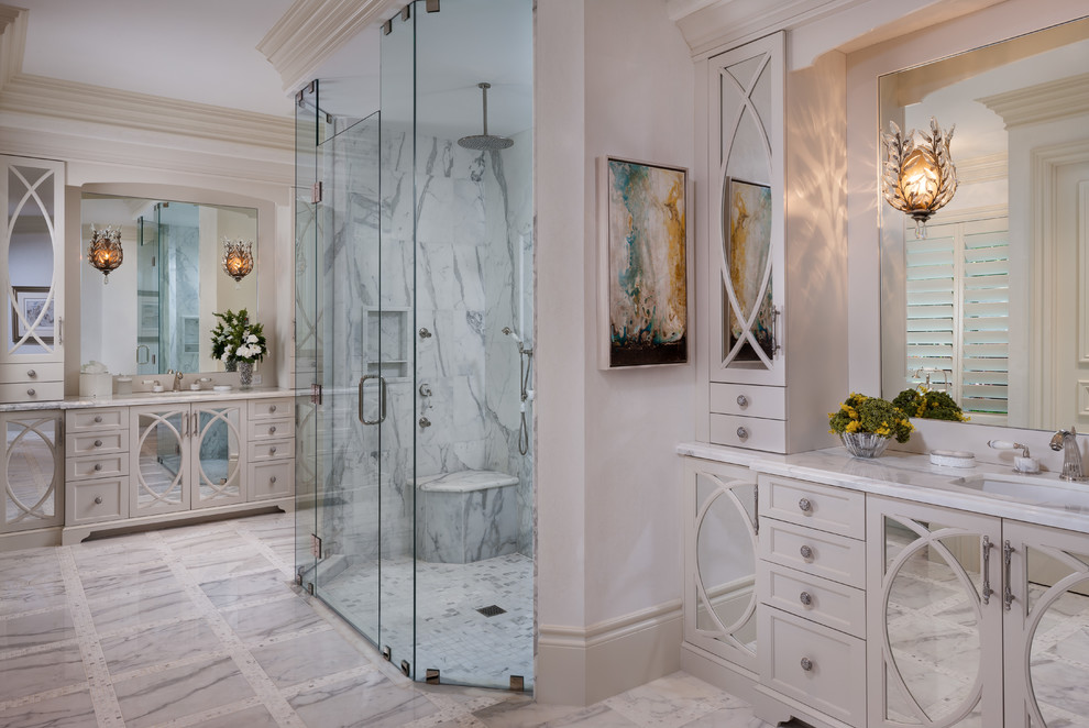 Inspiration for a transitional bathroom in Miami with a hinged shower door.