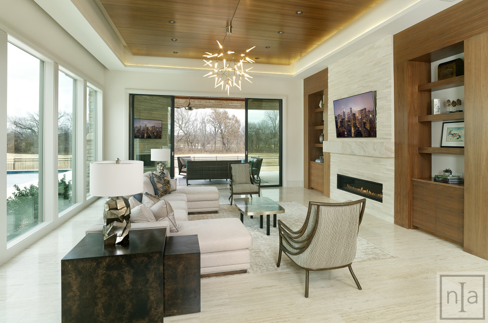 Trendy enclosed wood ceiling and beige floor family room photo in Dallas with a wall-mounted tv and a ribbon fireplace