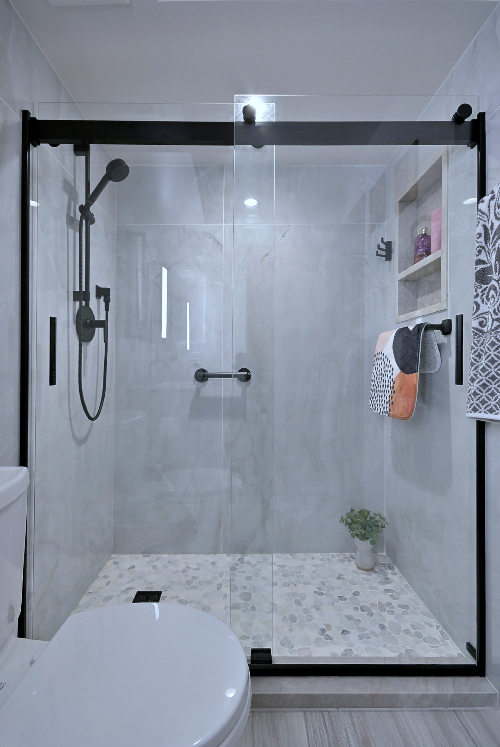 Modern Transitional Bathroom with Sliding Barn Door Vanity