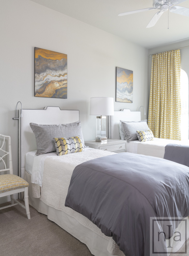 Photo of a transitional guest bedroom in Dallas with grey walls, carpet and no fireplace.